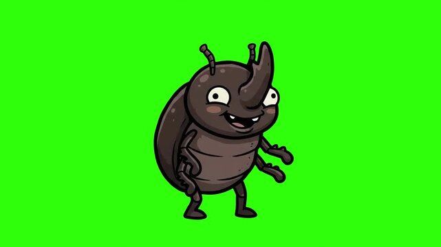 A funny 2D animated rhinoceros beetle character dancing joyfully on a chroma key green screen background. Ideal for kids videos, nature stories, mobile game assets, and cartoon overlays.