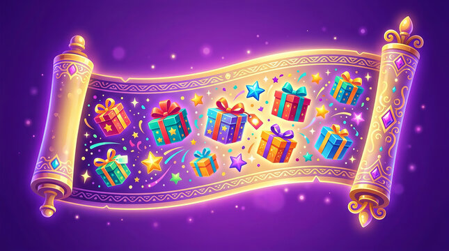 Colorful scroll with gift boxes and stars on a purple background  