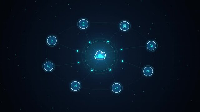Abstract cloud computing network concept with floating digital icons on dark background cloud technology data connectivity network nodes cloud storage internet connection