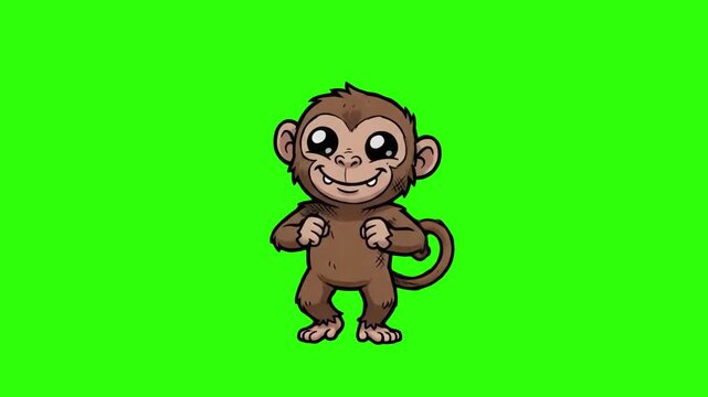 A cheerful 2D animated monkey character dancing rhythmically on a green screen chroma key background. Great for tropical themes, humorous mascot animations, kids media, and game graphics.