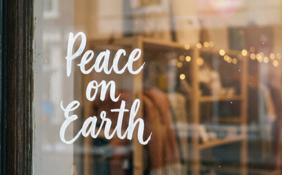 Peace on Earth handwritten lettering message painted on a shop window display during the winter holiday season