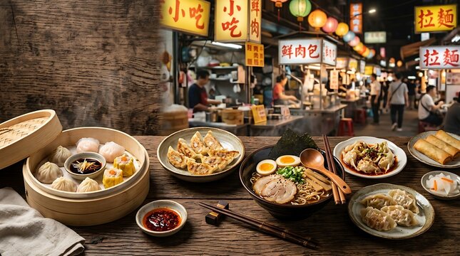 asian street food background variety of dumplings and noodles