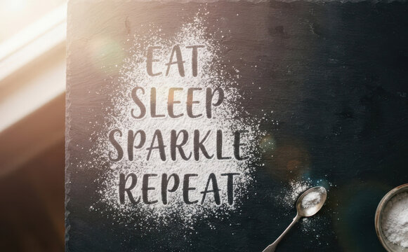 Eat sleep sparkle repeat quote written in white flour on a dark slate board with a vintage spoon representing baking and culinary art concepts