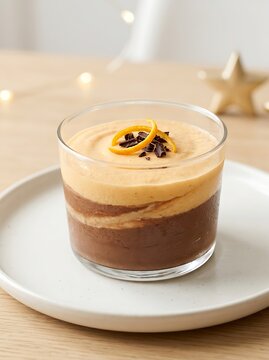 Glass of layered chocolate and citrus mousse dessert on white plate with festive background