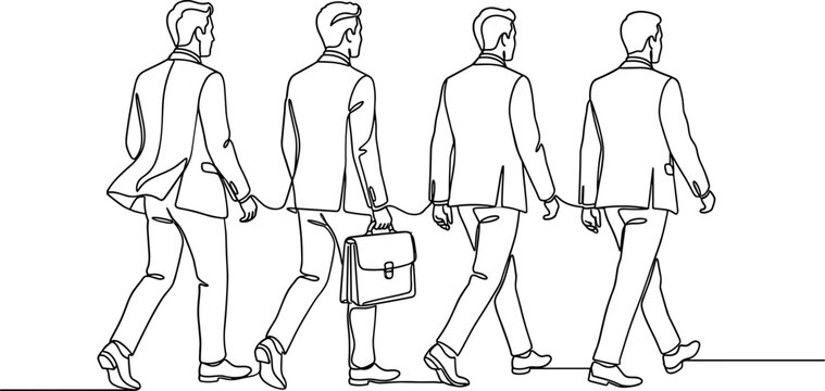 A sequence of four business men in suits walking in a row.