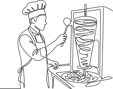 Continuous line drawing of a chef preparing shawarma or doner kebab.