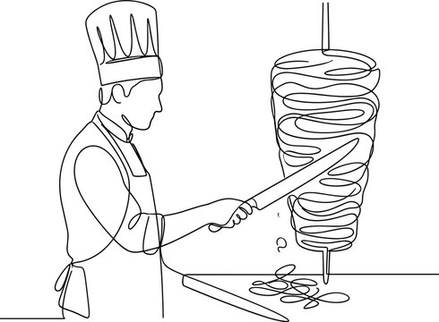 Continuous line art of a chef slicing meat off a shawarma spit.