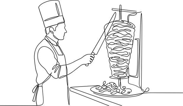 A continuous line art drawing of a chef slicing meat off a vertical rotisserie spit.