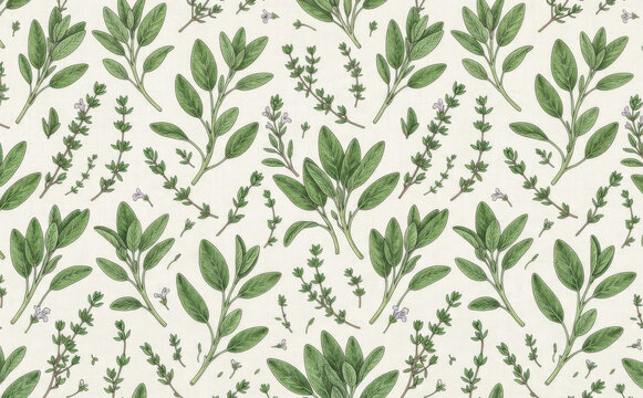 Botanical sage and thyme herbs pattern illustration for kitchen textile and wallpaper design
