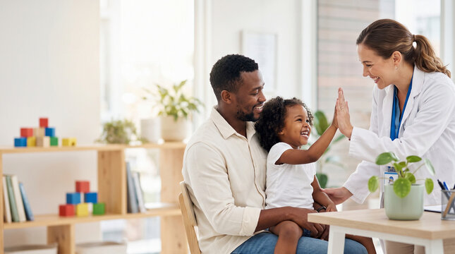 Friendly Female Pediatrician Giving High Five to Cute Little Girl Sitting on Father Lap During Medical Checkup Visit in Healthcare Pediatric Clinic Office Business Concept
