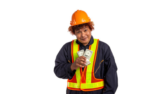 Construction Worker Holding Money, Funny Laborer in Safety Helmet and Reflective Vest Showing Cash, Construction Industry, Wages and Income Concept