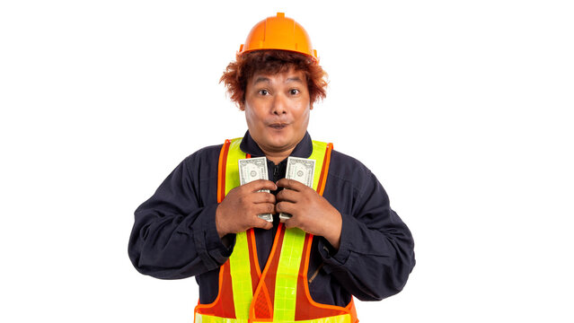 Construction Worker Holding Money, Funny Laborer in Safety Helmet and Reflective Vest Showing Cash, Construction Industry, Wages and Income Concept