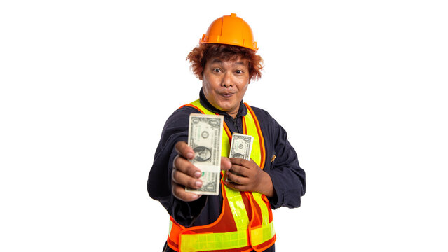 Construction Worker Holding Money, Funny Laborer in Safety Helmet and Reflective Vest Showing Cash, Construction Industry, Wages and Income Concept
