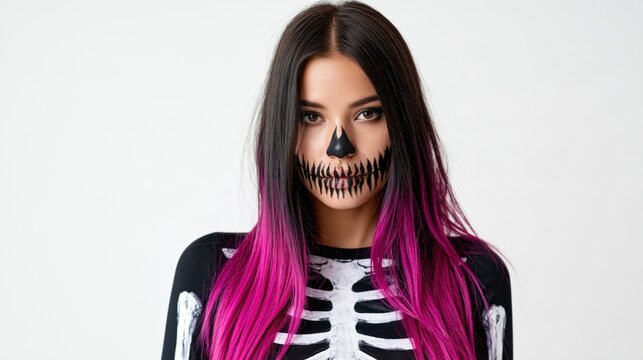 Portrait of a woman with skeleton makeup and pink hair for halloween