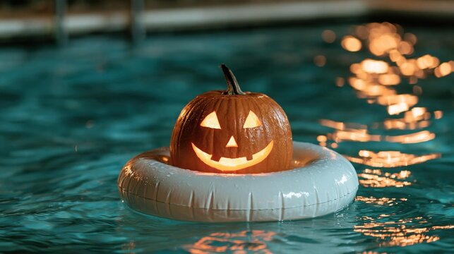 Glowing jack o lantern floating on an inflatable ring in a swimming pool at night