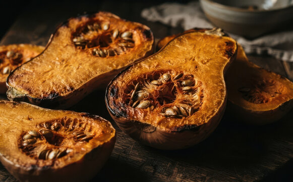 Roasted butternut squash halves filled with seeds on a rustic wooden table, representing healthy autumn food, seasonal cooking, and harvest recipes for Thanksgiving dinners.
