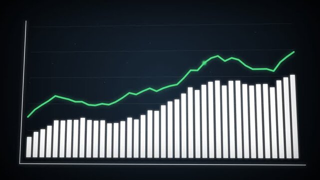 Digital glowing financial chart with green line graph and white bars, concept for big data analytics, binary code processing and corporate market performance presentation