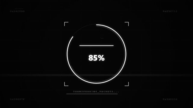 Abstract digital screen with glowing loading progress bar and percentage indicator, concept for big data processing, binary code analysis and software development presentation background
