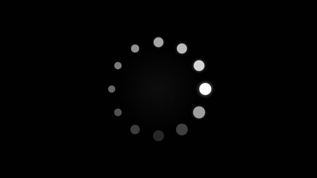 Minimalist digital loading circle with glowing white dots against dark background, concept for big data transfer, binary code processing and web interface design