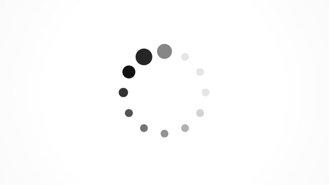 Minimalist digital loading circle with spinning monochrome dots, concept for big data processing, binary code analysis and web development background
