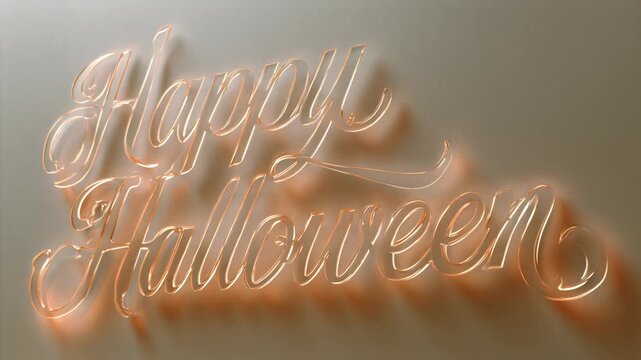 Happy Halloween glass lettering glowing with orange neon light. Elegant calligraphy text animation on gray background.