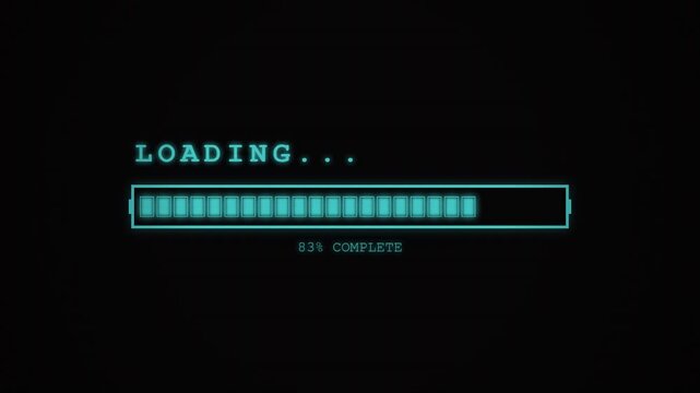 Cyan glowing progress bar with digital loading text, big data processing and binary code concept for software updates, system setup, and web development interfaces