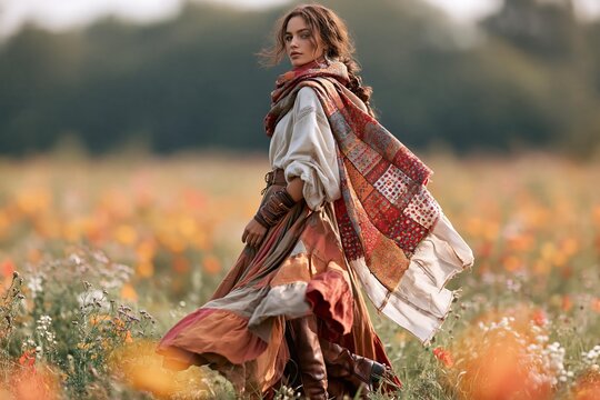 Boho woman in flowing rustic skirt and patchwork scarf standing in spring meadow