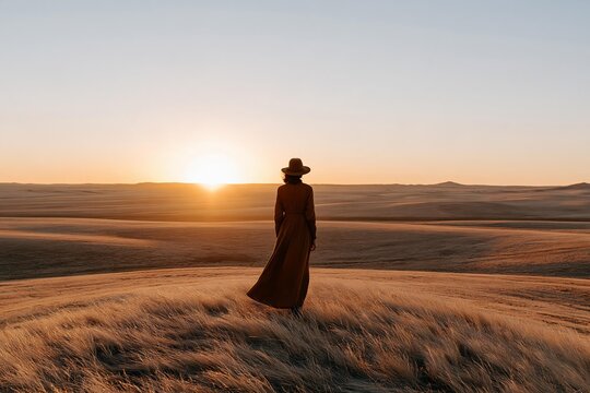 Woman in brown dress and hat standing on grassy hill at sunset in vast landscape