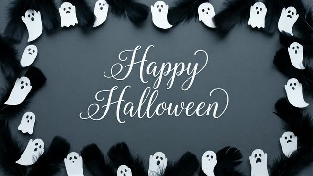 Happy Halloween text with white paper ghosts and black feathers frame on gray background. Flat lay greeting card design for spooky holiday celebration concept