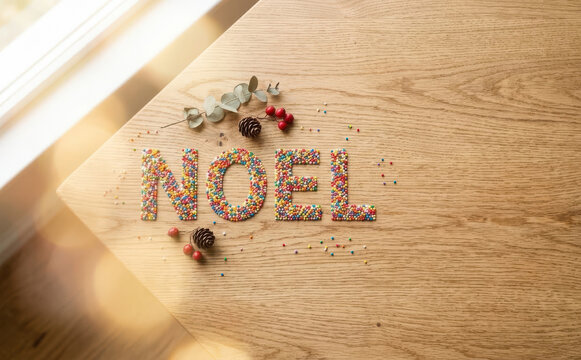 NOEL letters spelled out with colorful sprinkles on a wooden table with festive pinecones and berries for Christmas season holiday design concept