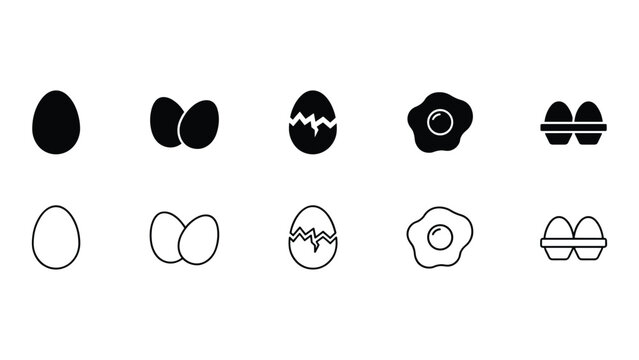 Egg Icons Set: A collection of stylized egg icons in black and white, depicting whole eggs, cracked eggs, fried eggs, and egg cartons, ideal for food-related graphic design.