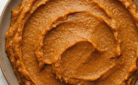 Smooth pumpkin puree texture in a ceramic bowl close up representing autumn baking ingredients and healthy homemade baby food preparation