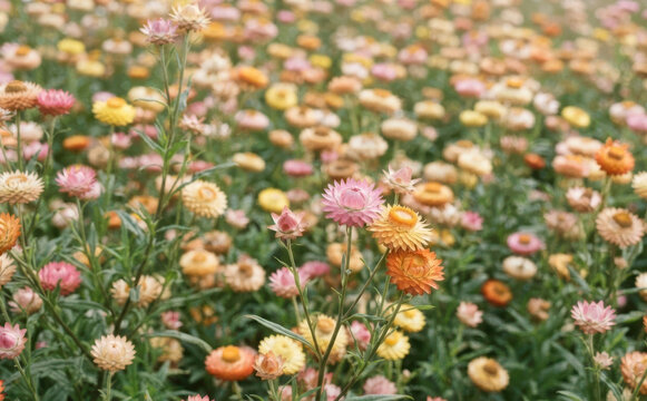 Vibrant field of colorful everlasting strawflowers blooming in spring, Xerochrysum bracteatum background for nature and botanical concepts
