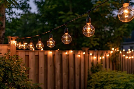 Outdoor string lights glowing warmly above wooden fence in evening garden