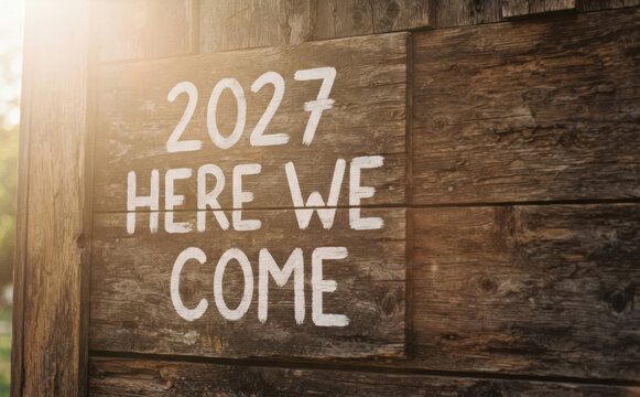 Wooden sign with painted text 2027 here we come for future year greeting and new beginnings concept