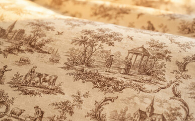 Obraz premium Toile de Jouy fabric pattern with classic pastoral landscape and vintage French village scenes for retro interior design and home decor