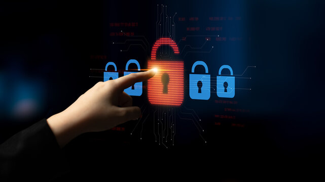 Digital security concept illustrating a cybersecurity breach, with a red unlocked padlock indicating data exposure among secure systems, emphasizing system vulnerability and risk Latch