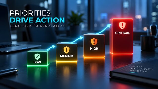 Glowing priority level blocks from low to critical on an office desk representing risk management, business strategy, and resolution planning.