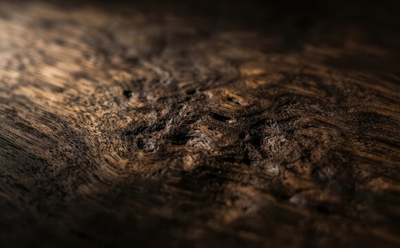 Macro shot of dark wooden burl texture with intricate grain patterns for natural backgrounds and design projects