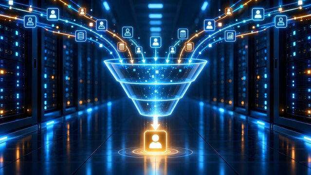 3D glowing digital funnel filtering data streams into a single user target in a server room representing lead generation and big data processing.