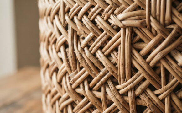 Close up of woven wicker basket texture pattern background with natural rattan craft material details for interior design concept