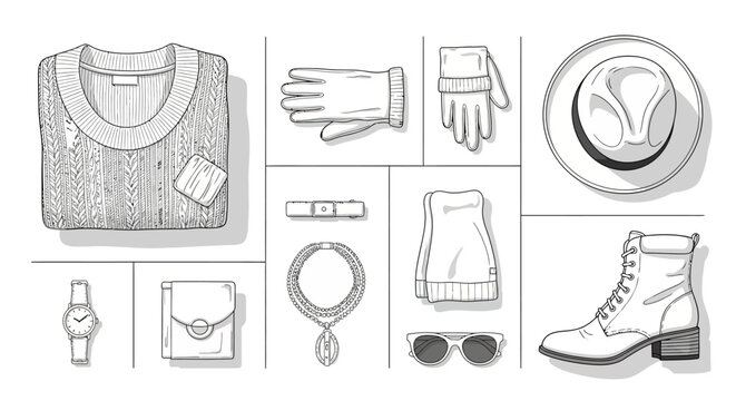Fashionable womens clothing and accessories flat lay sketch.
