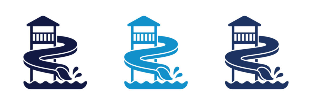 Water slide icon set showing aquatic park attractions in different blue shades.
