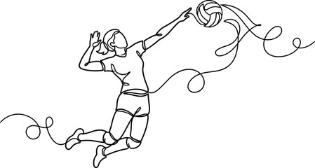 Obraz premium A continuous line art drawing of a female volleyball player midair striking a ball during a game.