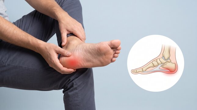 Man Suffering from Heel Pain Holding Foot with Plantar Fasciitis Anatomy Diagram, Calcaneal Spur Inflammation and Podiatry Healthcare Concept
