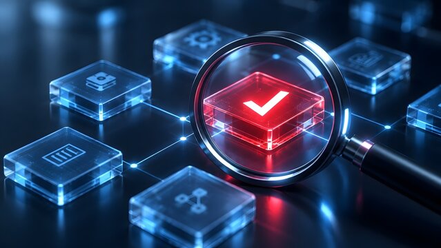 Magnifying glass focusing on a glowing red checkmark icon among blue icons representing error detection, compliance audit, and quality control.