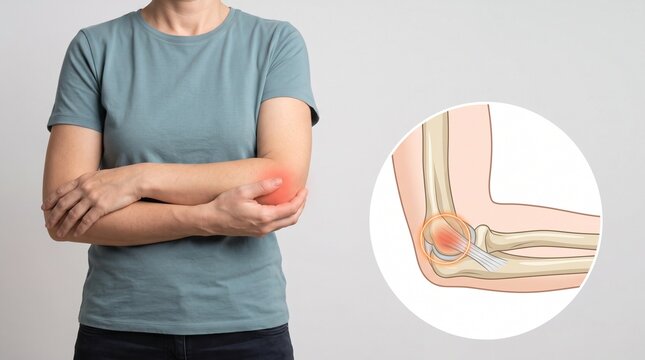 Woman Suffering from Elbow Joint Pain with Medical Anatomy Diagram of Arm Bone Inflammation, Tennis Elbow Tendonitis and Arthritis Healthcare Concept