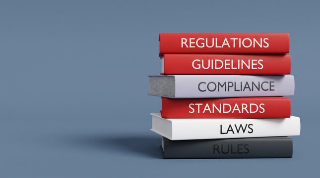 Stack of Books Labeled Regulations, Guidelines, Compliance, Standards, Laws, and Rules, a Conceptual Illustration