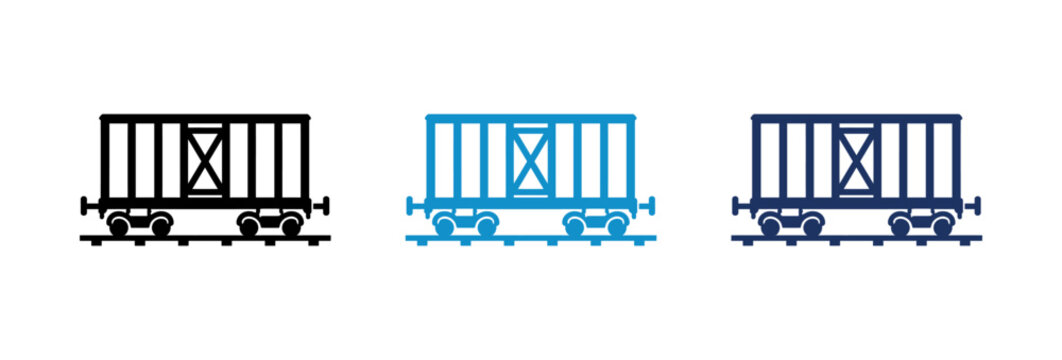 Railway cargo wagon icons in black and blue line art style for logistics and transportation design.