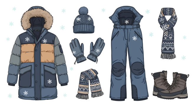Winter clothing set for cold weather activities.